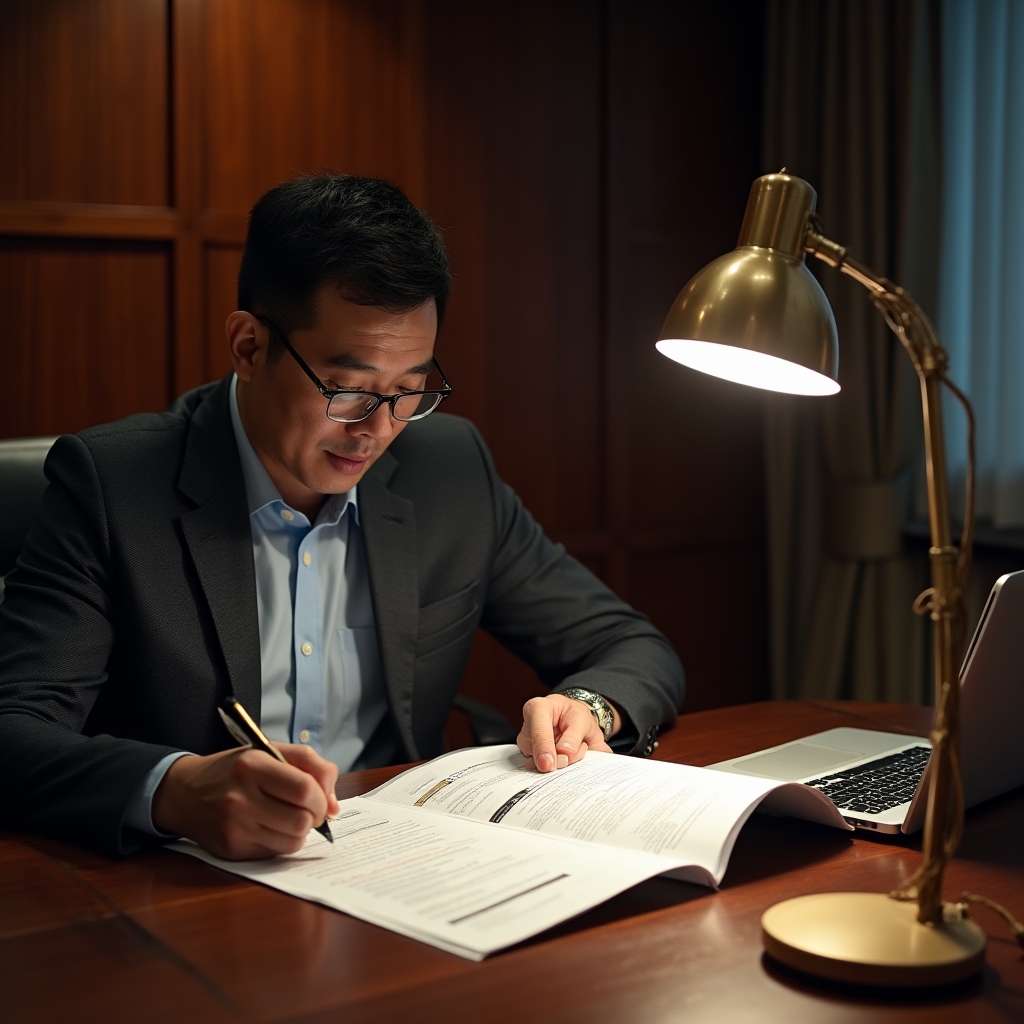 Technical lead reviewing a detailed fintech audit report document at a desk with a laptop and printed findings