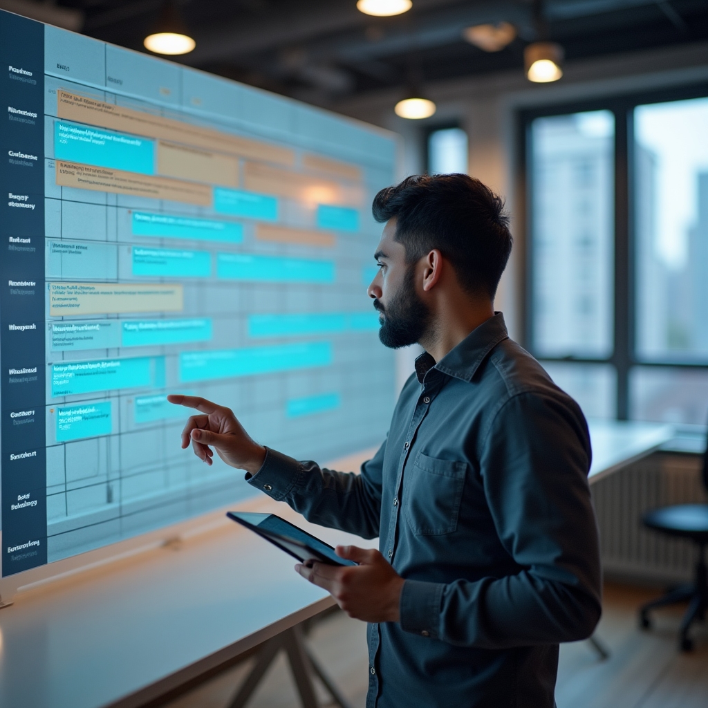 Project manager reviewing an audit scheduling timeline on a large digital calendar display in a modern office