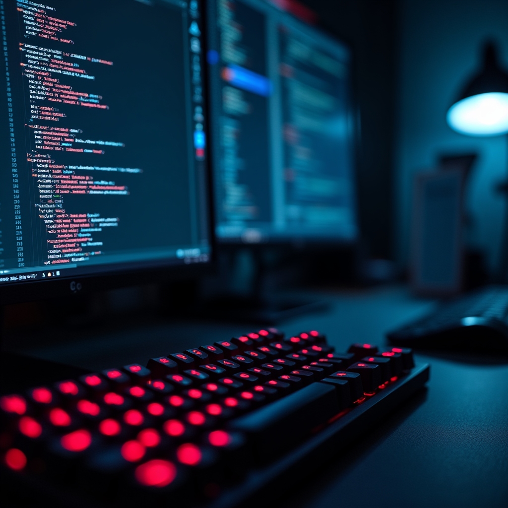 Close-up of a dual-monitor developer workstation with code editor open showing a security audit in progress with annotated findings