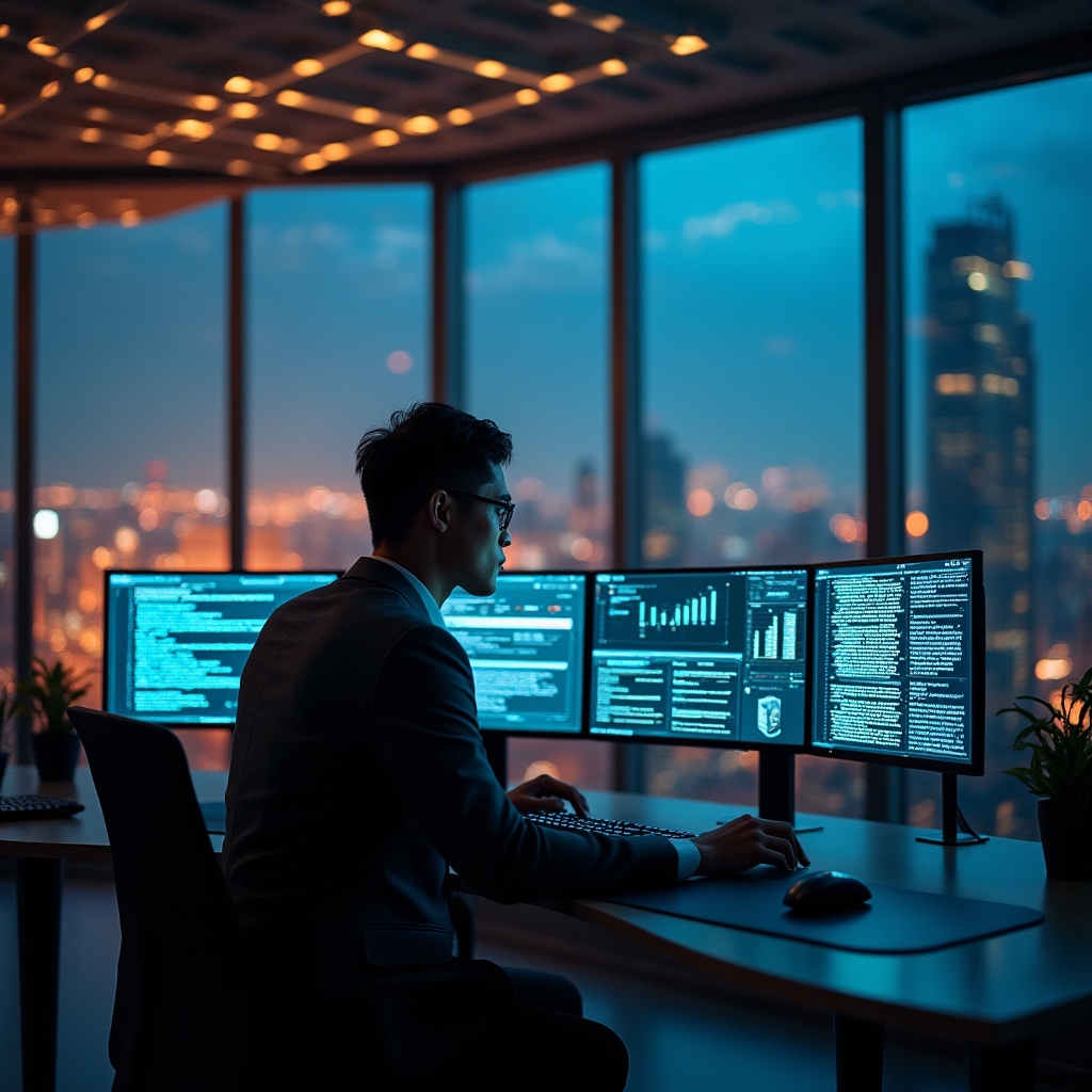 Technical audit specialist reviewing fintech application code on multiple monitors