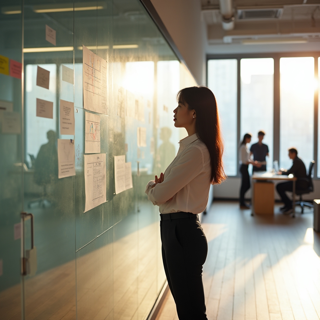 Security analyst examining financial application data flow diagrams on a glass whiteboard in a modern office