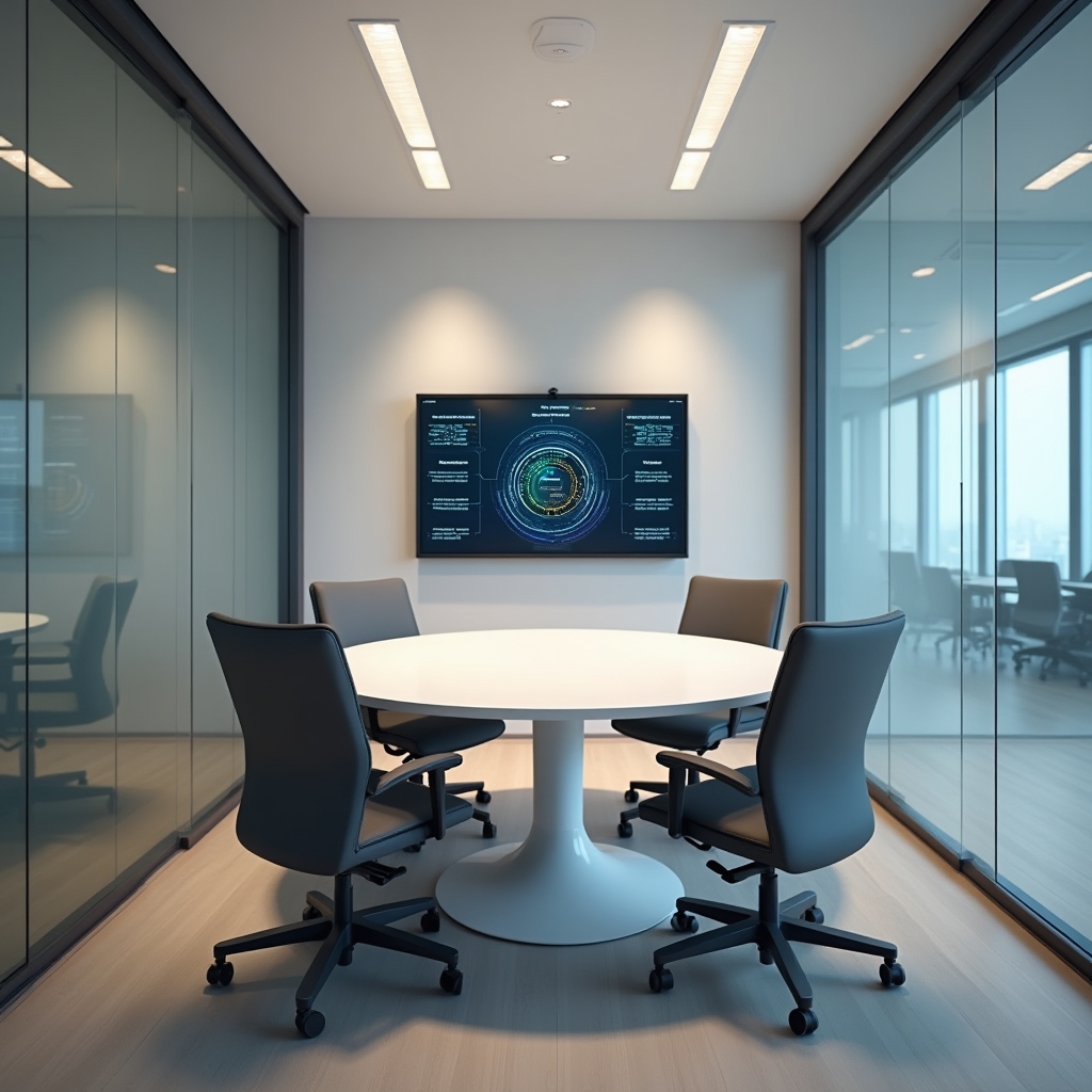 Clean minimalist meeting room with glass walls, a round table, and a wall-mounted screen showing a technical presentation