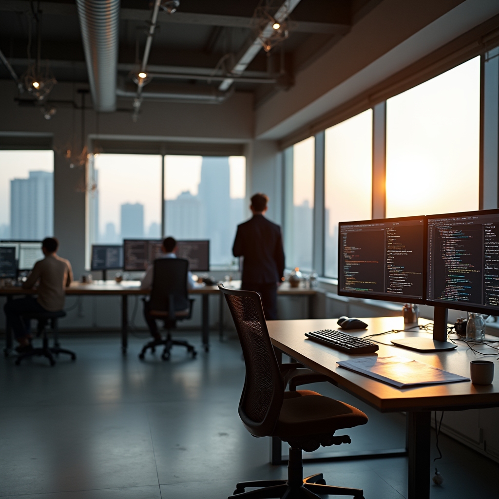 Modern open-plan audit workspace in Taipei with multiple monitors displaying code review dashboards and natural light