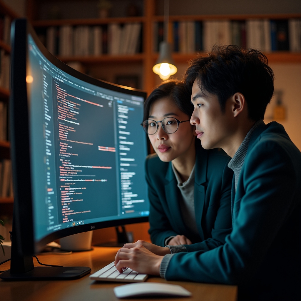 Two technical audit specialists discussing fintech codebase findings at a large monitor display